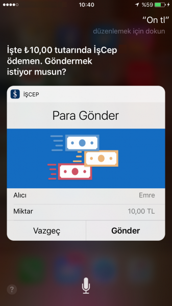 Siri ile Para Gönder, Siri ile EFT işlemi Yakında İşCep'te