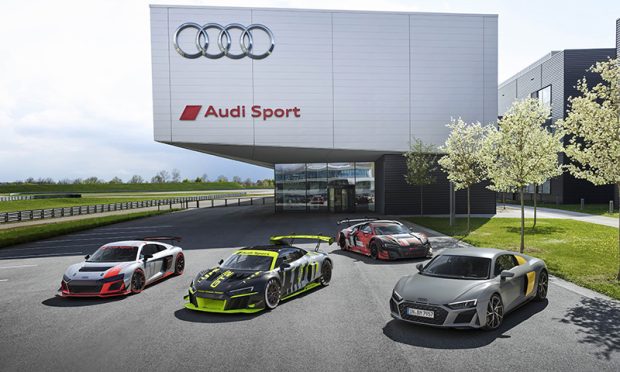 Models from left to right (static photo):<br />
Audi R8 LMS GT4<br />
Audi R8 LMS GT2<br />
Audi R8 LMS GT3<br />
Audi R8 Coupé V10 performance RWD, colour: Nardo Grey/Vegas Yellow