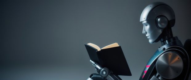 Android robot reads a book sitting on a bench, AI generative.