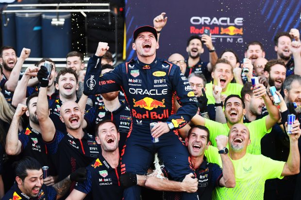 SAO PAULO, BRAZIL - NOVEMBER 05: Race winner Max Verstappen of the Netherlands and Oracle Red Bull Racing celebrates with his team in the Pitlane after the F1 Grand Prix of Brazil at Autodromo Jose Carlos Pace on November 05, 2023 in Sao Paulo, Brazil. (Photo by Rudy Carezzevoli/Getty Images)