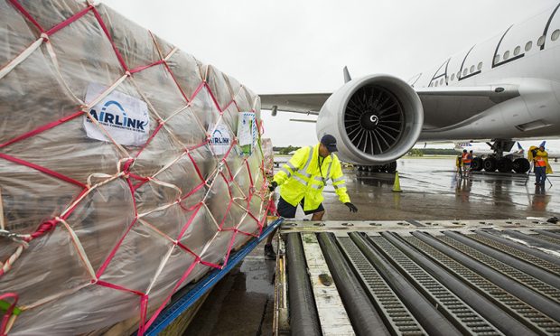 HOUSTON, TEXAS - SEPTEMBER 17, 2019 - United Airlines ramp agents load palettes of relief aid cargo onto a United Airlines flight headed to The Bahamas to help out relief agencies after Hurricane Dorian devastated the island nation. Airlink and United team up to deliver relief supplies and members of Team Rubicon Disaster Response group, departing for Nassau, Bahamas from George Bush International Airport in Houston, Texas.