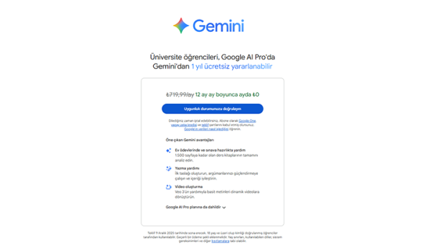 Üniversite Öğrencilerine İlk 12 Ay Ücretsiz Google AI Pro Planı Devam Ediyor