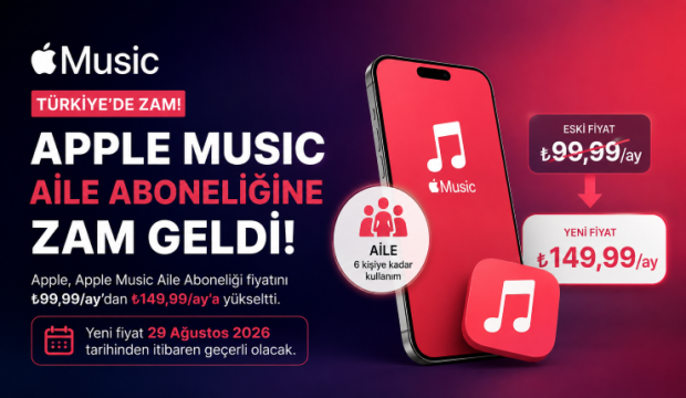 Apple Music Aile Aboneliğine Zam: Türkiye’de Fiyat 149,99 TL’ye Yükseldi