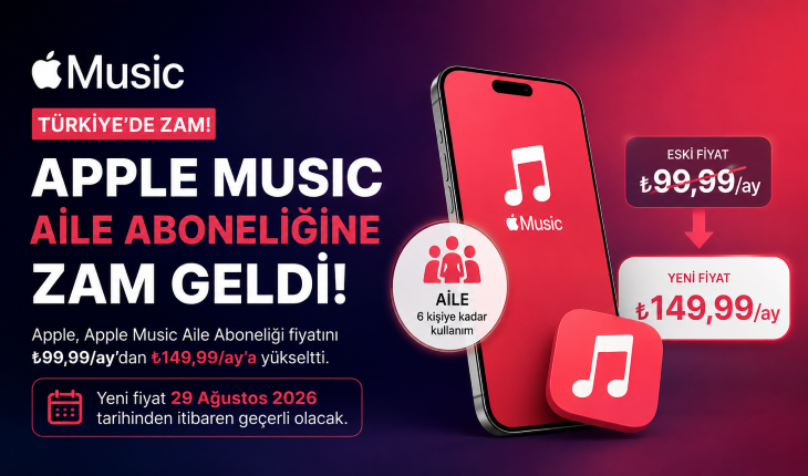 Apple Music Aile Aboneliğine Zam: Türkiye’de Fiyat 149,99 TL’ye Yükseldi